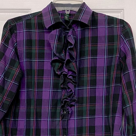 Lauren Ralph Lauren Purple Plaid Ruffle Front Top Sz S - Picture 2 of 4